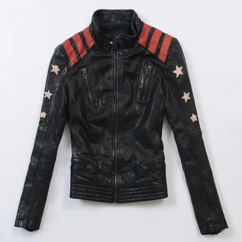 

Autumn New Stitching Layer Sheep Leather Jacket Casual Stand Collar Slim Fit Fashin Women's Leather Coat