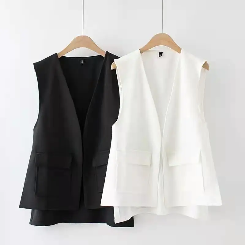 

Spring Autumn Fashion Women Black White Open Stitch Vest Side Button Sleeveless Female Waistcoat Office Lady Chic Tops Y901