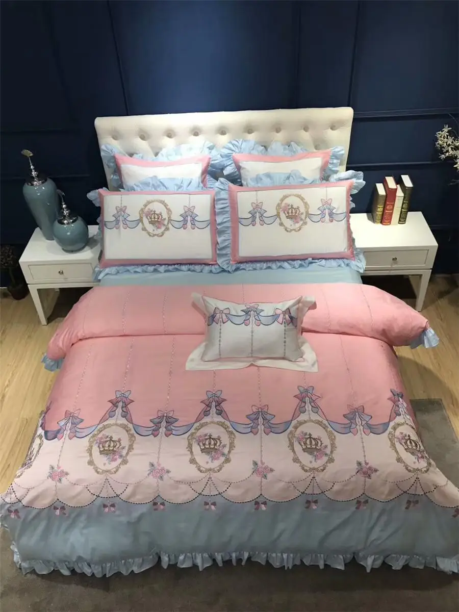 

Princess Pink style Girls Bedding sets Luxury Egyptian cotton Crown Embroidery Queen King size Duvet cover Bed sheet set Gifts