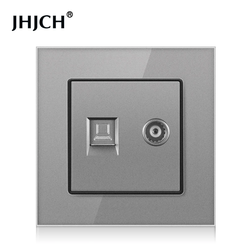 jhjch crystal glass panel wall socket with cat6 rj45 internet computer data socket tv tel weak current socket free global shipping