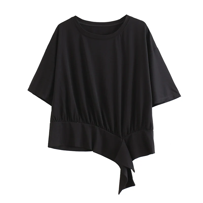 

Irregular Cross Gray T-Shirt Women New Round Neck Short Sleeve Loose Casual Personality Fashion T Shirt Tops Clothes Summer 2021