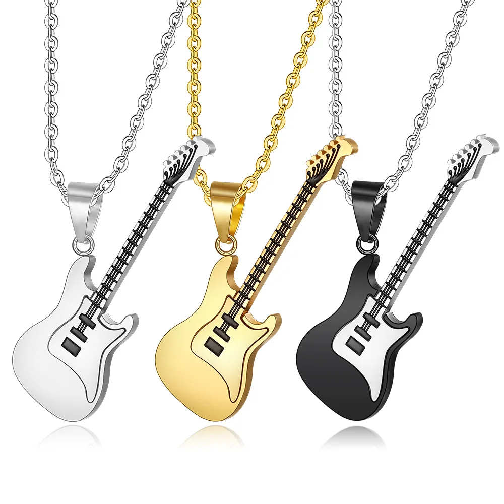 1pcs Trendy Leather Chain Guitar Necklace For Men Punk Rock Music Jewelry Gift Stainless Steel Pendant Wholesale | Украшения и