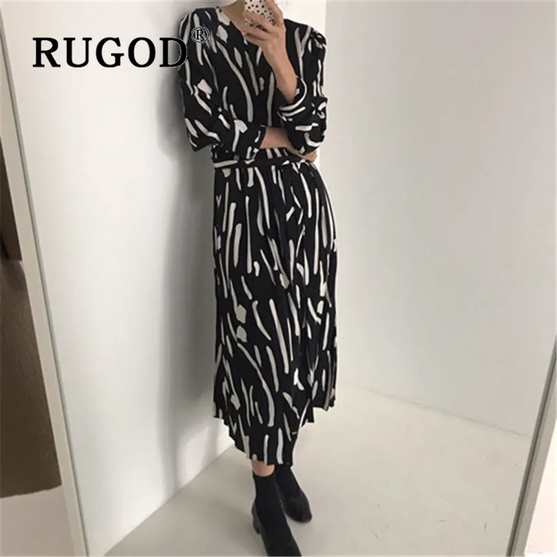 Женское платье с поясом RUGOD винтажное Плиссированное длинное абстрактным в
