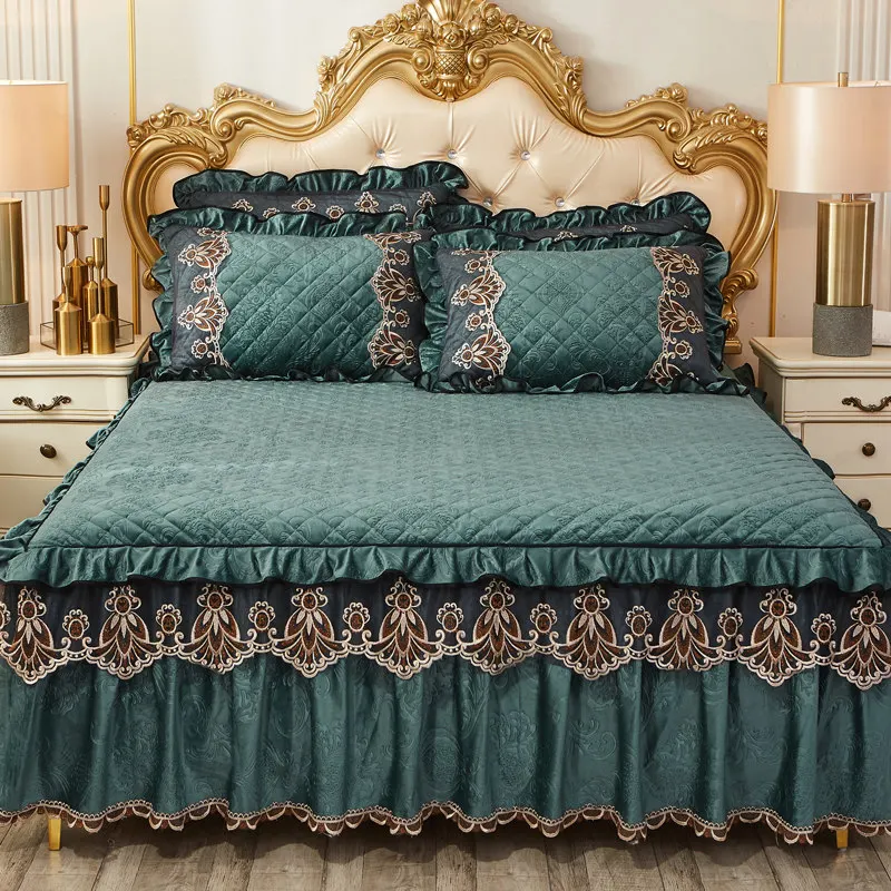 Европейский бархат кружева тиснением стеганое покрывало для кровати рюшами