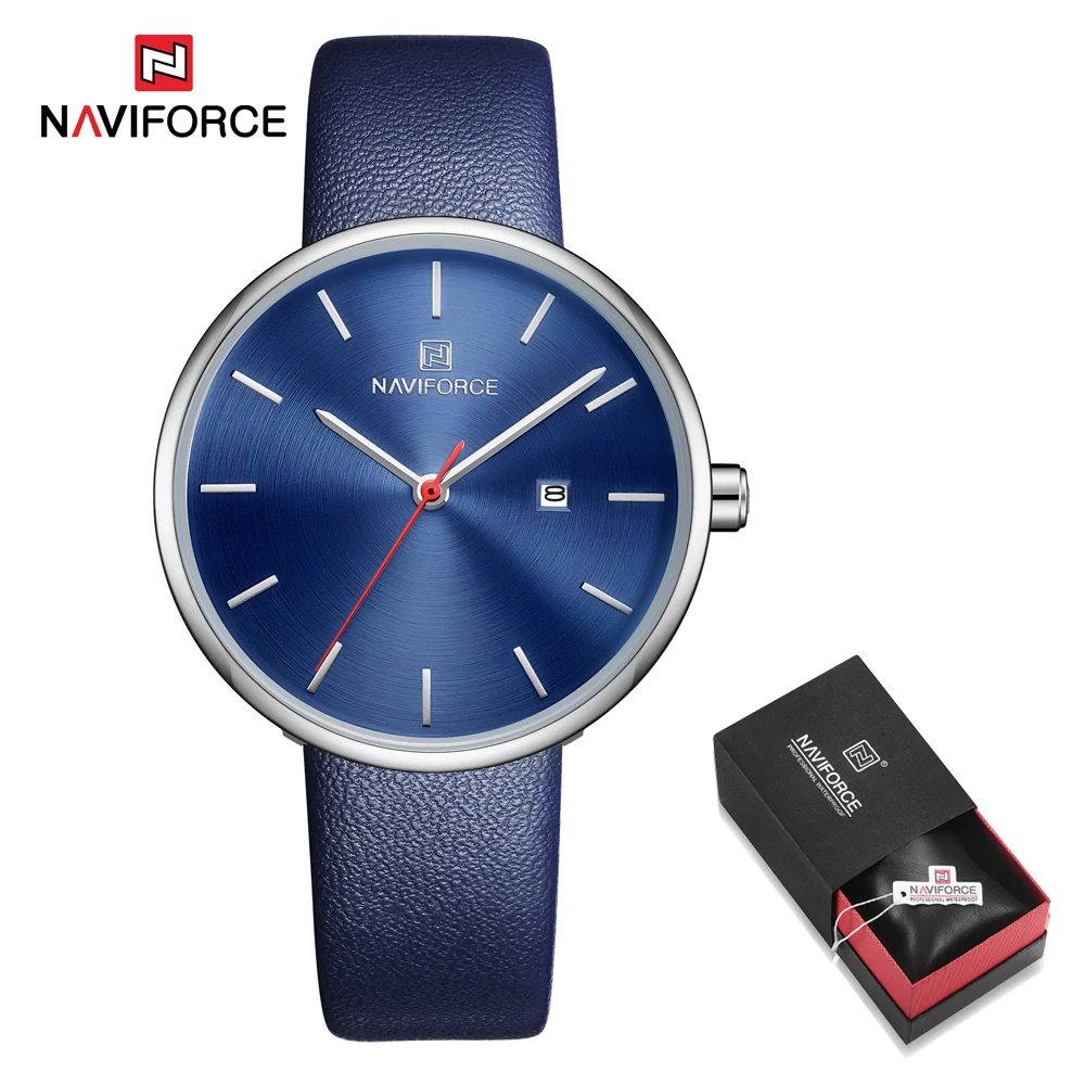Blue in Box NAVIFORCE женские часы модные женские красные PU ремешок для часов кварцевые Дата повседневные часы водонепроницаемые наручные часы подарок для девушки жены женщины - Цвет: Blue in Box