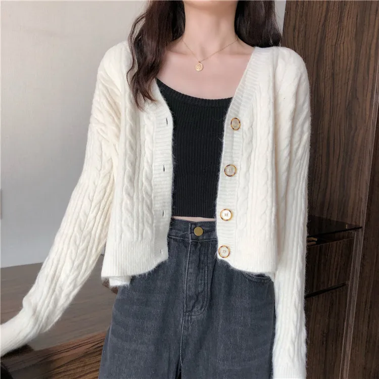 

Pink Knitted Sweater for Women Clothing Winter New Casual Loose Long Sleeve Cardigans Fashion Korean V-neck Crop Tops Hipster