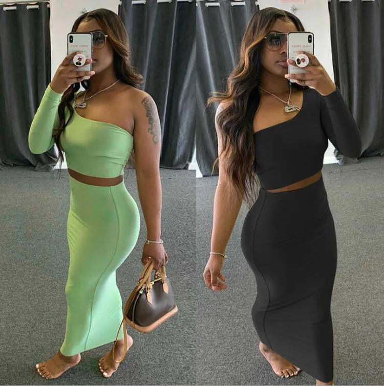 

2021 new fashion women's long-sleeved navel two-piece trendy tight suit skirtsuit skirt Summer