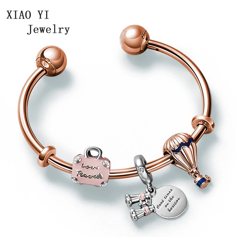 

XIAOYI100% s925 For Love Departure Hot Air Balloon Travel Bag Telescope Charm telescope Rose Gold Bracelet