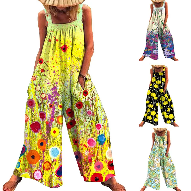 

Women's Floral Print Rompers Playsuit 2021 Summer New Fashion Printed Loose Strap Wide Leg Jumpsuit Large Size
