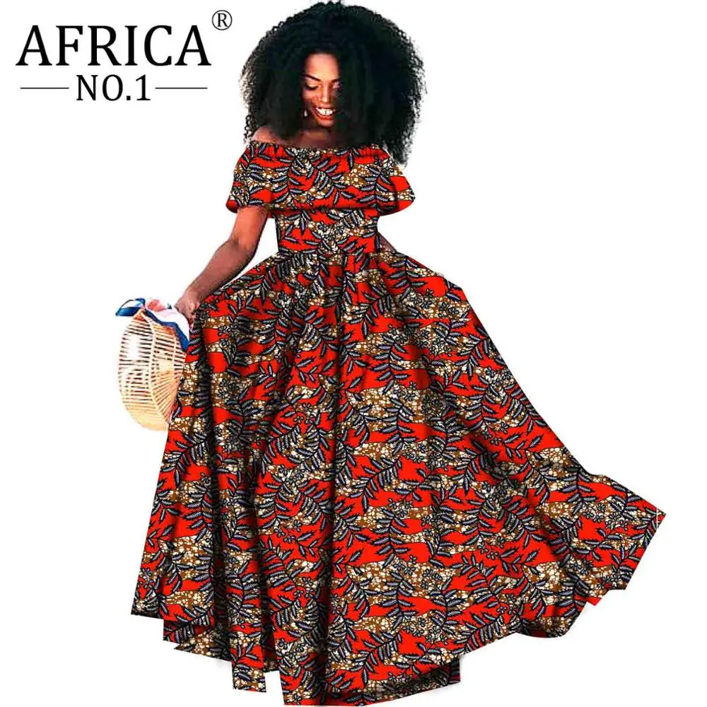 African Maxi Party dresses for Women Floor length Femme Robe off shoulder Slash neck Party wedding wear A-line dress S1925099