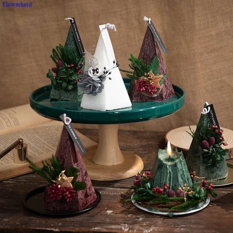 

2pcs New Nordic Geometric Cone Scented Pyramid Shape Candle Christmas Tree Eternal Flower Candle Simple Wedding Home Decoration