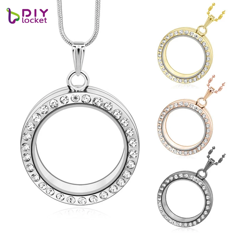 

5PCS !! 30mm Round magnetic glass floating charm locket Zinc Alloy+Rhinestone (chains included for free) LSFL01-1*5