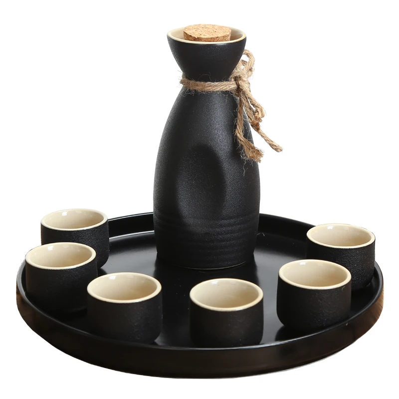 

Japanese style distributor ceramic wine set small white wine bottle sake yellow wine liquor cup black pottery cup tray barware