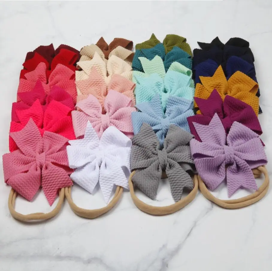 

24Colors 3.7 Inch Solid Fabric Waffle Texture Bows Hair Clip Or Skinny Nylon Headband Fabric Hair Bow Headbands 60Pcs/lot