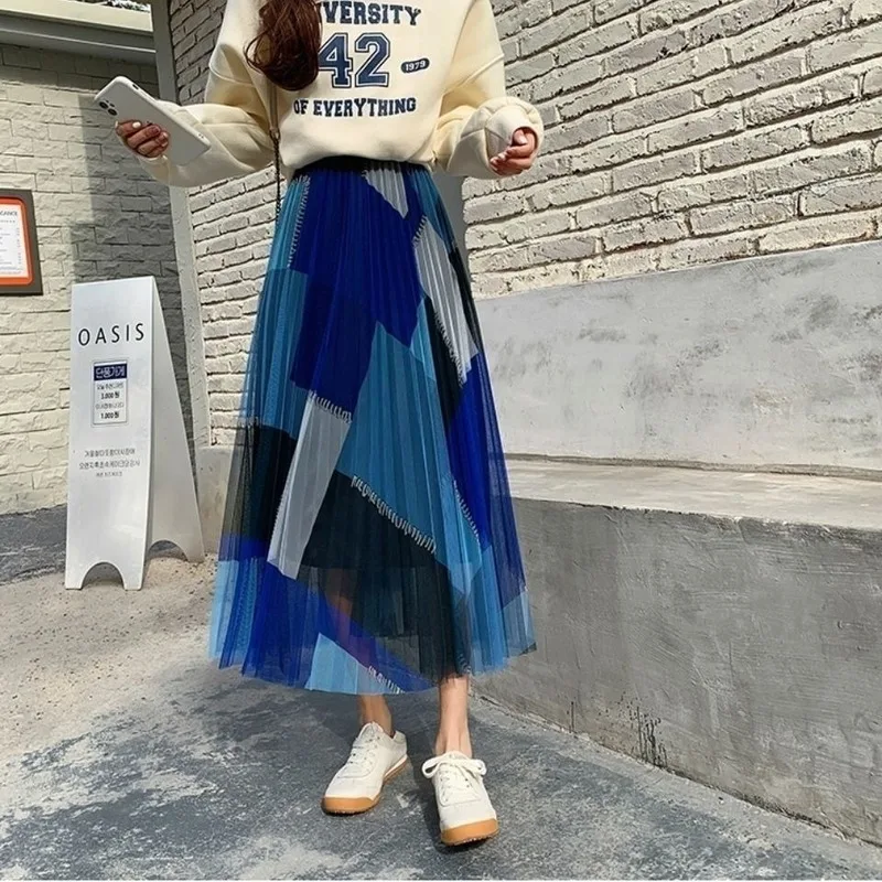 

2021 Spring Autumn New Women's Chic Korean Elegant Color Block Mesh Skirt High Waist Tulle Pleated Mid-calf Skirts Saias Y346