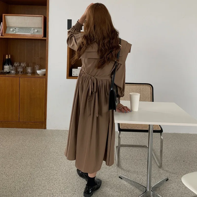 

2021 Vintage Loose Solid Peter Pan Collar Autumn Hipster Long Dresses Chic Elegance New French Style Women Vestidoes