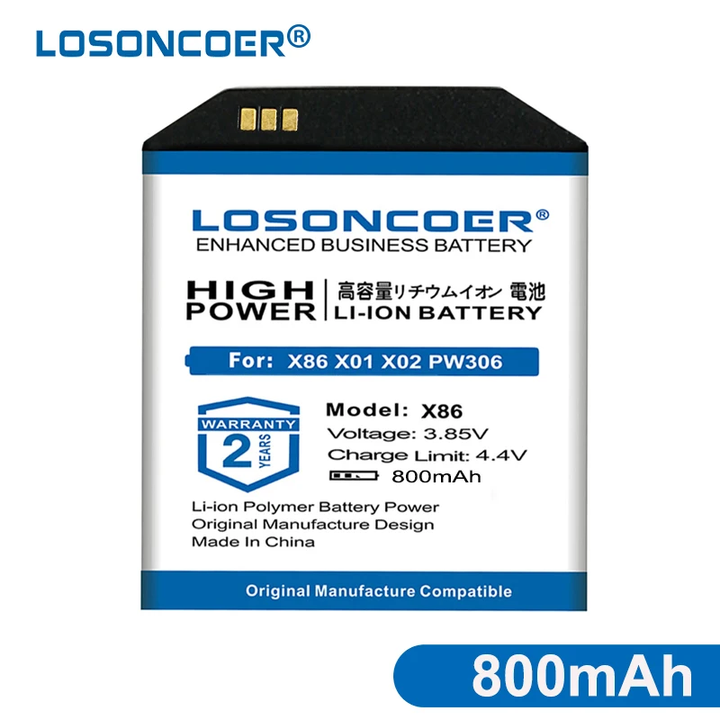 Высококачественные аккумуляторы LOSONCOER X86 800 мАч для умных часов X01S X02 X01 PW306 A9Plus