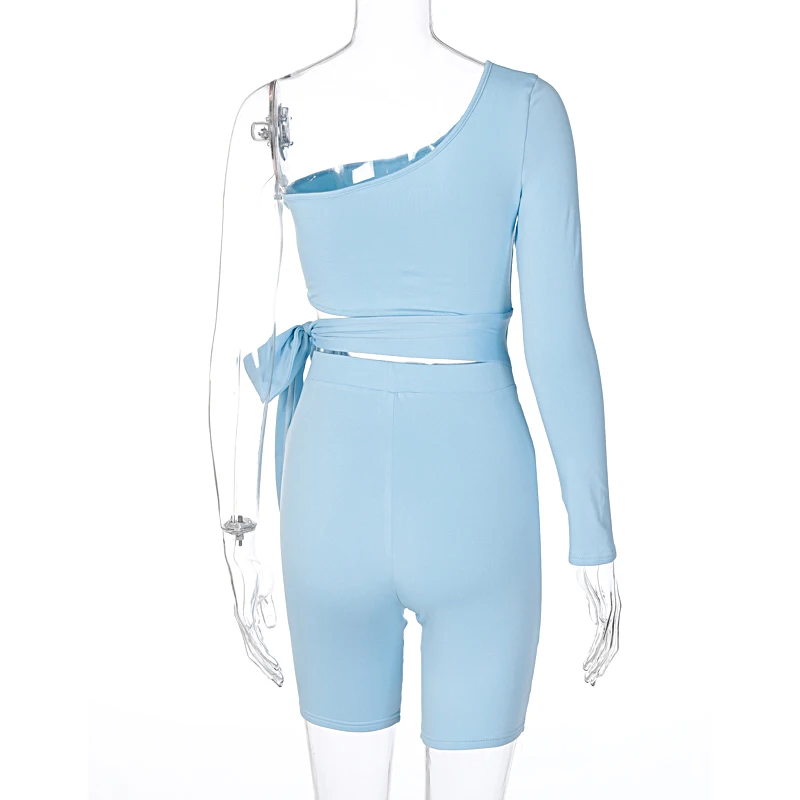 

Women 2 Piece Yoga Outfits Sexy Long Sleeve One Shoulder Tie Knot Side Crop Top + Bodycon Shorts Set 2020