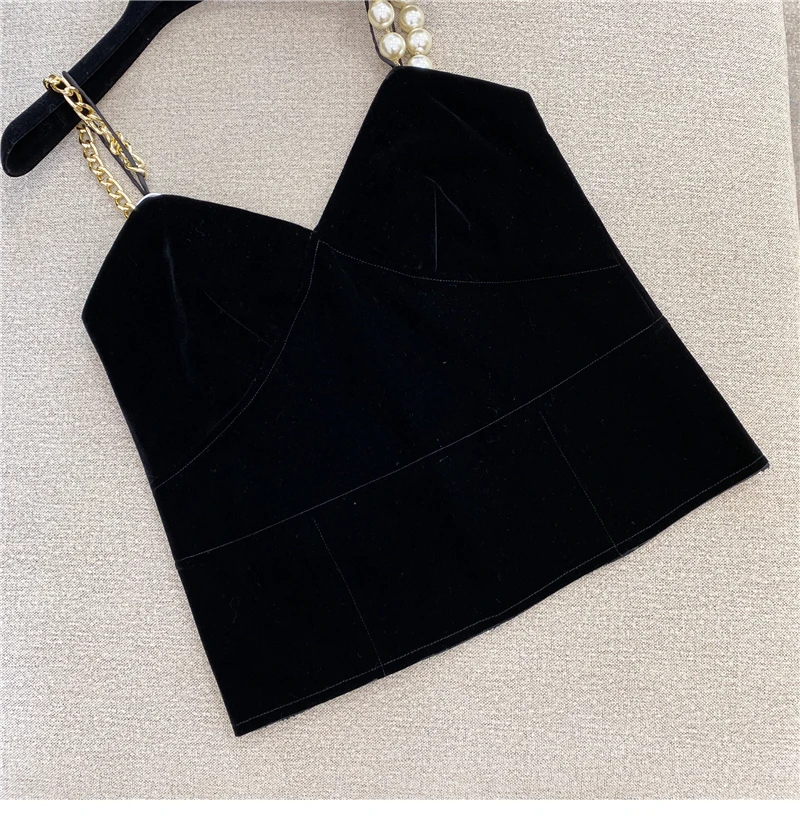 Sexy Top Women's Pearl Gold Chain Shoulder Strap Black Slimming Velvet Vest Camisole Tank Black