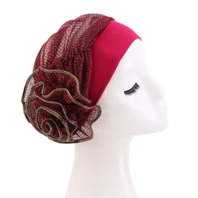 New Women Large Flower Stretch Turban HeadScarf Beanie Hats Wedding Party Headwear Turbante Mujer Ba
