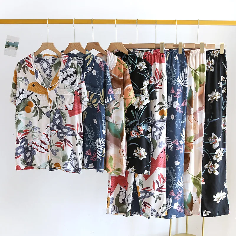 

New Short-sleeved Trousers Pajamas Women Summer Rayon Print Pijamas Thin Soft Comfortable Sleepwear 2 Piece Home Sexy Nightwear
