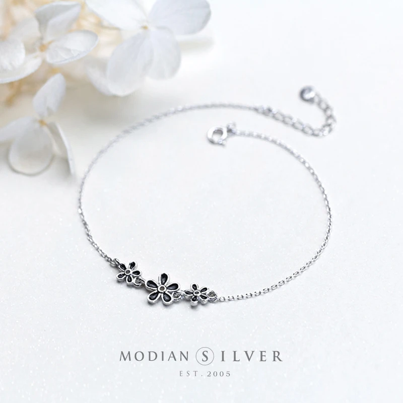 Modian Simple Vintage Design Enamel Flower Silver Anklet for Women Sterling 925 Bracelet Ankle and Leg Foot Jewelry | Украшения и