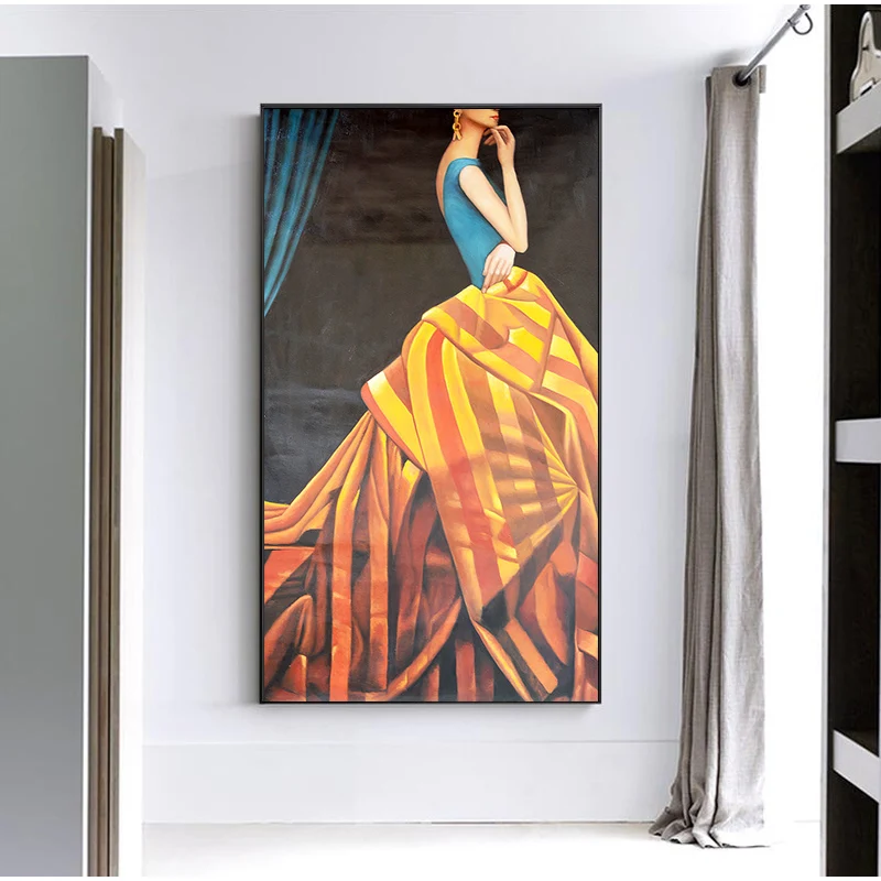 Модные Роскошные картины на холсте абстрактное желтое платье Женский постер с