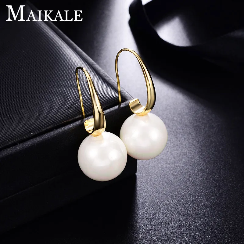 Gold 14mm MAIKALE, классические серьги-гвоздики с пресноводным жемчугом для женщин, золотые, серебряные, Цветные Висячие серьги с жемчугом, Простые Ювелирные изделия, подарки - Окраска металла: Gold 14mm