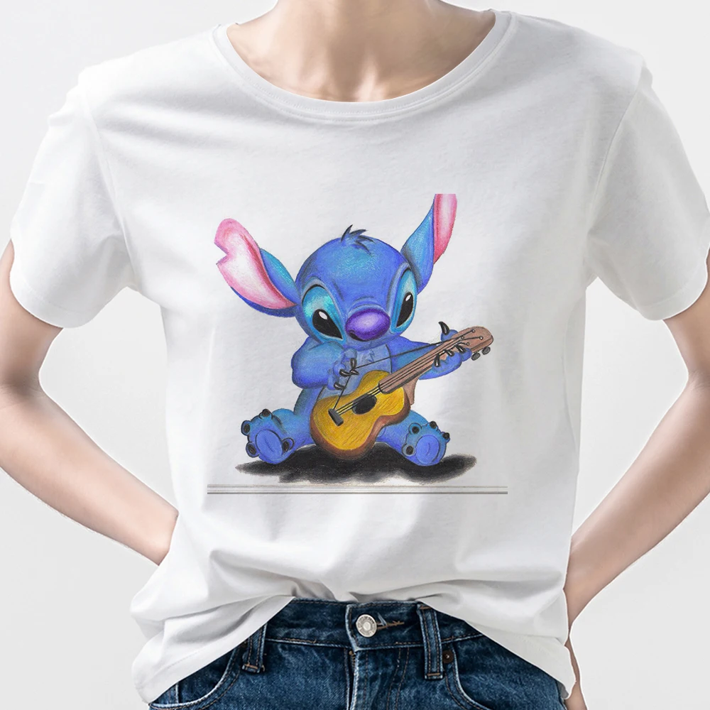 

Disney Nimation Women T-shirts Crewneck Modern Kawaii Stitch Playing Guitar Printed Gorgeous Shirt Brand Girl Clothing Tees