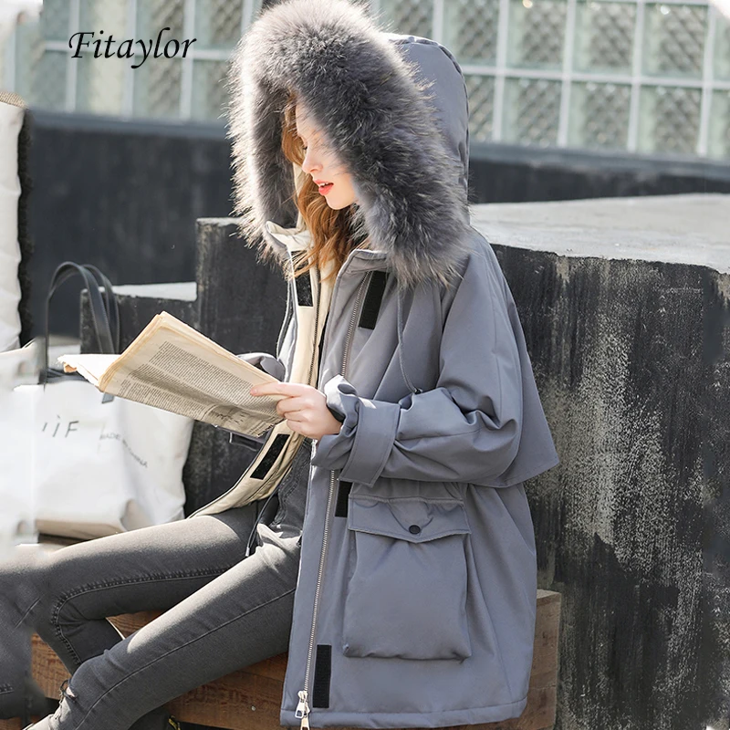 

Fitaylor Winter 90% White Duck Down Parka Women Warm Thick Hooded Jacket Large Artificial Fur Collar Lady Sash Tie Up Snow Coat