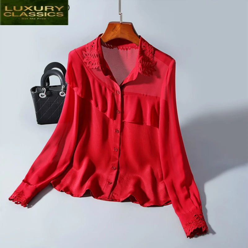 Tops and Blouses Womens Real Silk Black Blouse Natural Silk Shirts Elegant Ladies Office Wear Streetwear Clothes LWL1631
