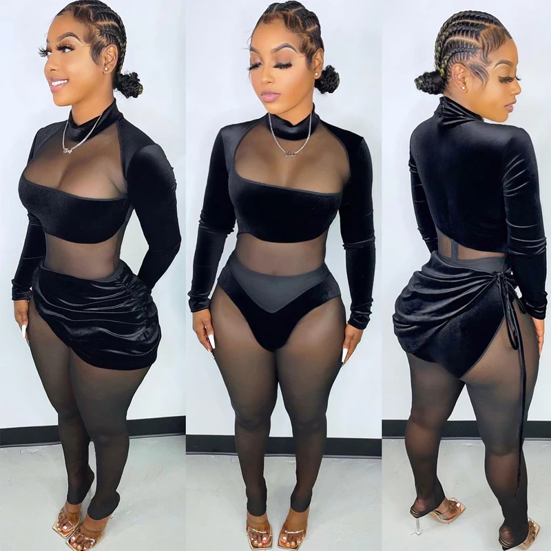 

Женский ажурный укороченный топ на шнуровке, комплект из двух предметов асимметричного покроя с длинным рукавом, облегающий пикантный улич...