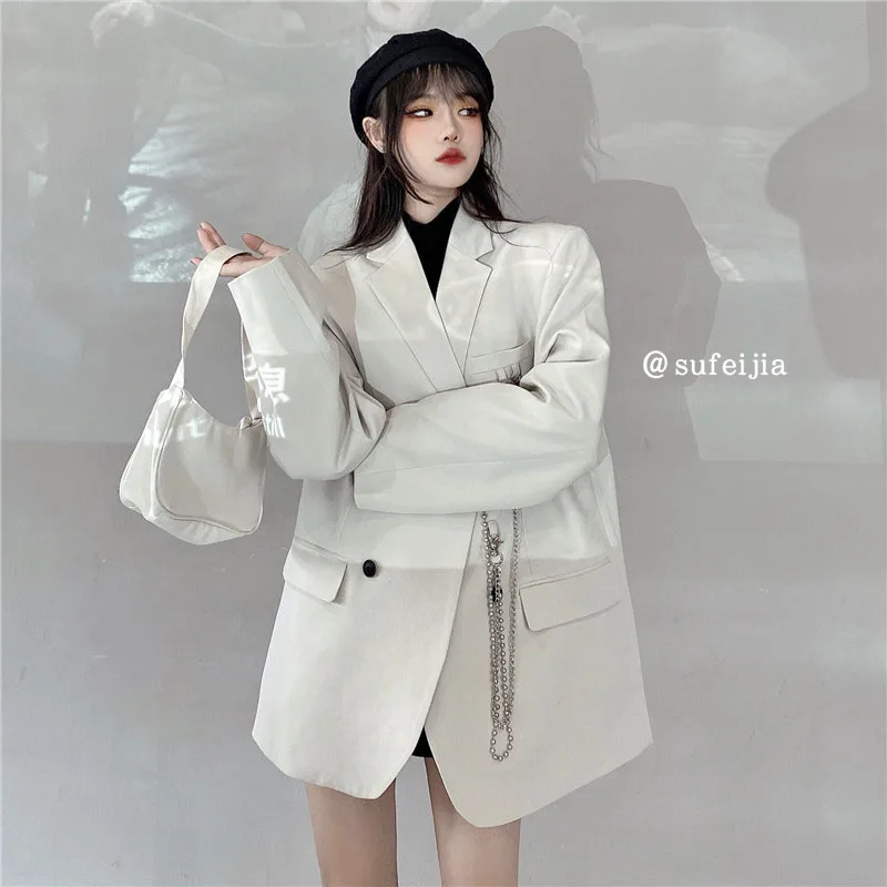 

Yeeloca Fashion Office Lady Suit Coat Women's Spring New Single Breasted Notched Versatile Black Blazers Loose Korean Trend Top