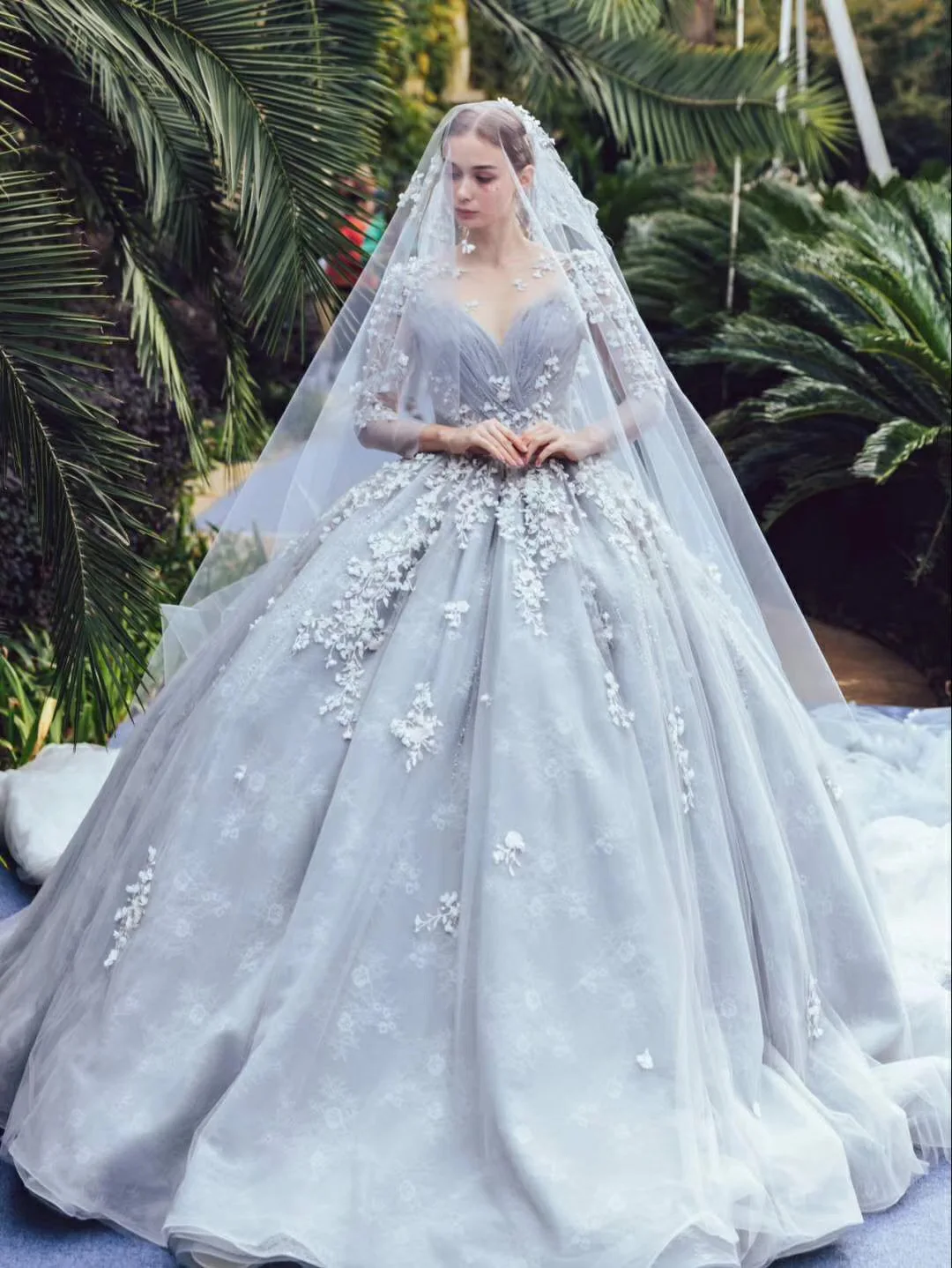 

Elegant Gray Blue Long Sleeves Evening Dress Women Event Occasion Formal Gowns Custom Lace Tulle Prom Dress Vestidos De Festa