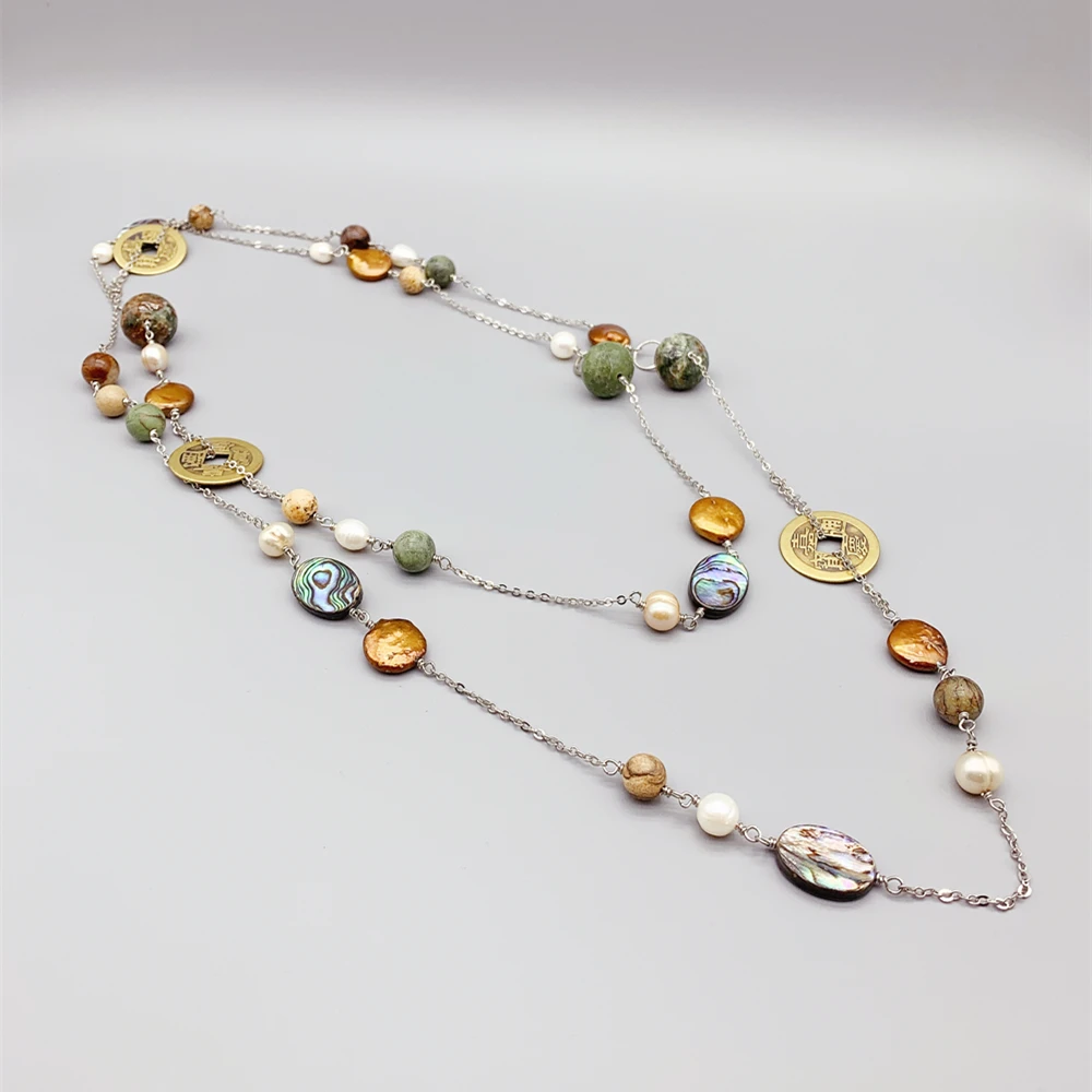 

Green Opal Jasper Chinese Coins Long Necklace Champagne White Freshwater Pearls Agate Ablone Earthy Jewelry For Women Gift 50"