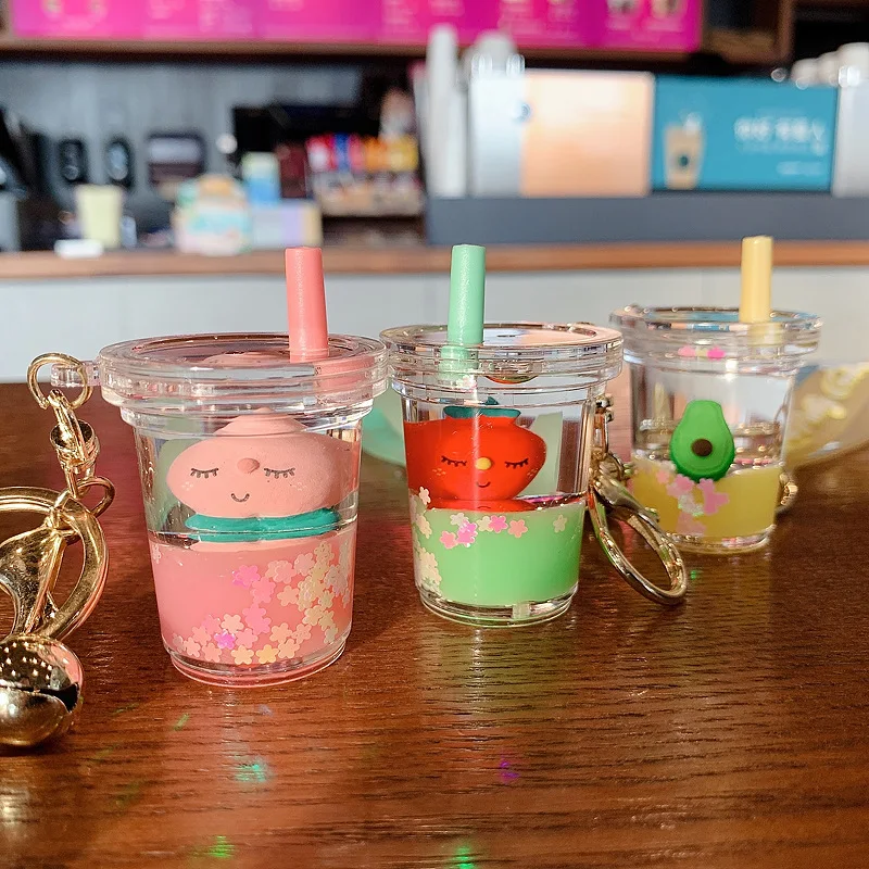

New Fashion Liquid Floating Fruit Strawberry Cherry Keychain Leather Milk Tea Cup Key Ring Women Men Car Bag Keychain Charms