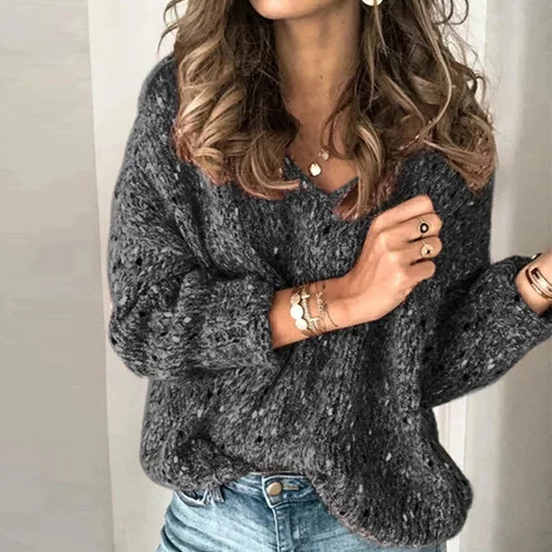 V-neck Dark Gray Sexy Women V-Neck Knitted Sweater Casual Solid Autumn Long Sleeve Pullover Tops Elegant Winter Warm Sweaters Jumper Pull Femme - Цвет: V-neck Dark Gray