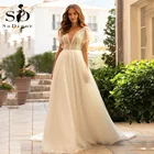 Женское свадебное платье с открытой спиной, V-образным вырезом и коротким рукавом