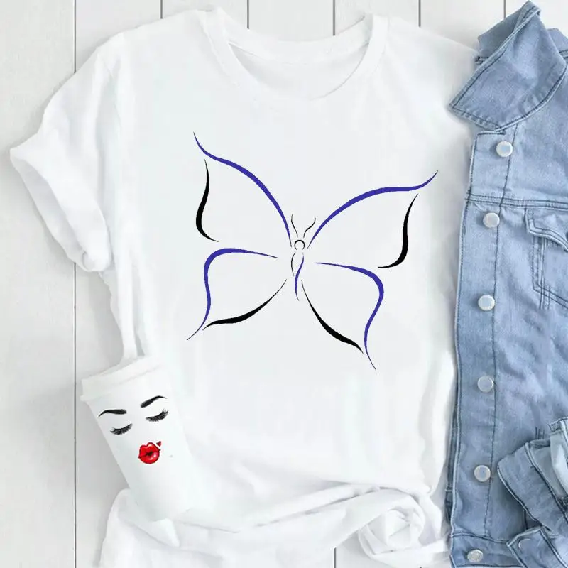 

Women Fashion Cartoon Short Sleeve Casual Butterfly Female Ladies Print Clothes Tops Tees Tshirt Mujer Camisetas Graphic T-Shirt