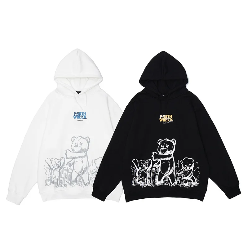 

Mens Hip Hop Hoodie Streetwear Sweatshirt Funny Bears Printed Black Pullover Harajuku Autumn Cotton Hooded Sweatshirt Women