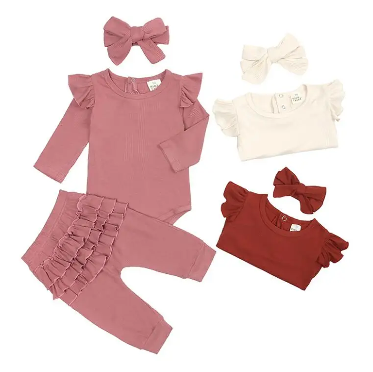

Retail 2021 New Baby Girls Pit Striped 3 Pieces Sets, Romper+Pants+Headbands 0-18M