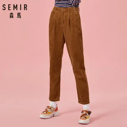 SEMIR, женские укороченные вельветовые брюки, хлопок, женские брюки классического кроя, прямые брюки с молнией и пуговицами, Ретро стиль - Цвет: coffee dark brown