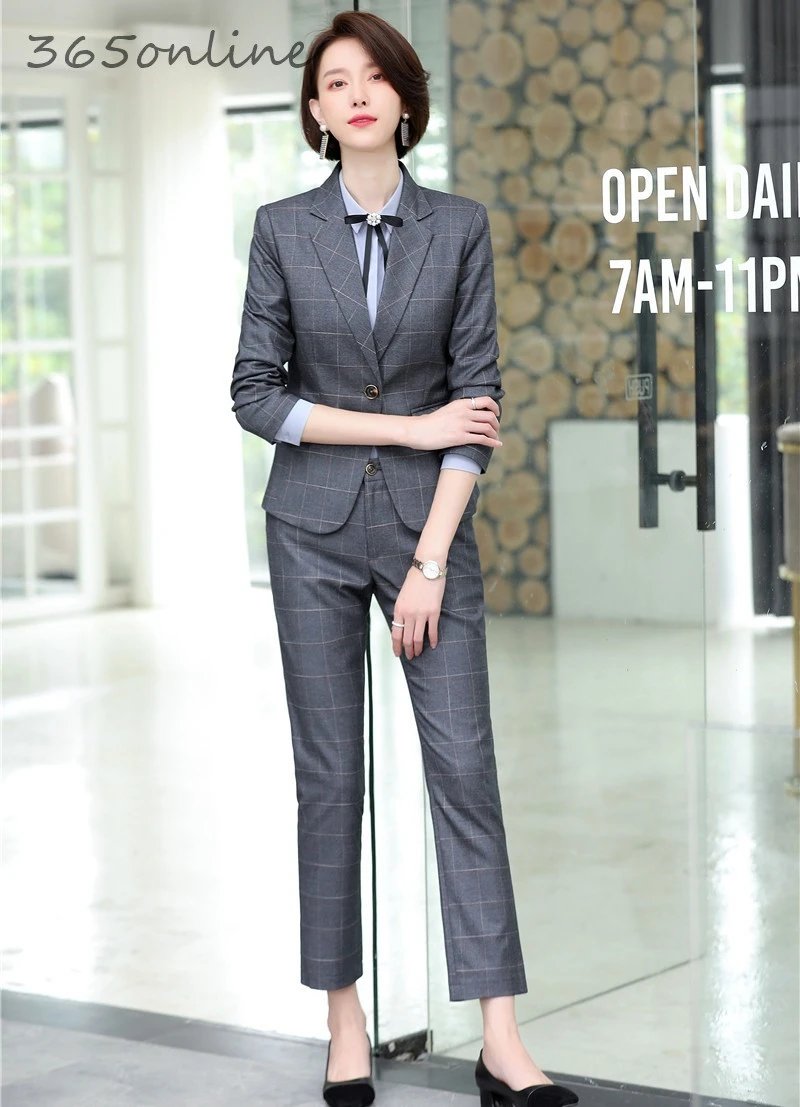 Высококачественные тканевые Модные клетчатые Деловые женские костюмы брючные