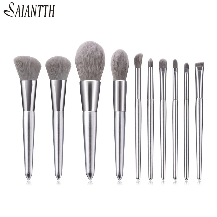 

10PCS Elegant Silver Wood Makeup Brushes Set High Quality Foundation Blush Powder Concealer eyeshadow eyebrow eyeliner cosmetic