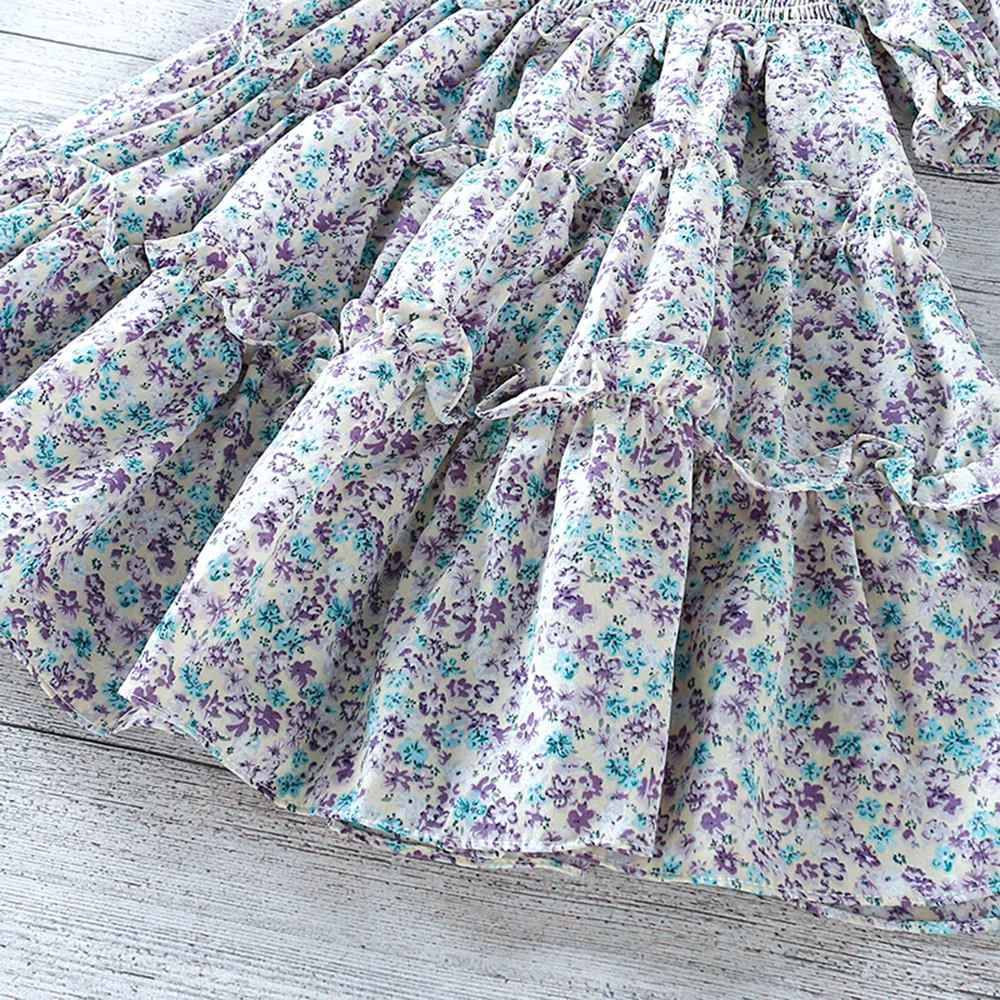 

Girls Layered Dress Summer Kids New Korean Shoulderless Puff Sleeve Purple Floral Princess Dresses 2-6 Years Children Clothes