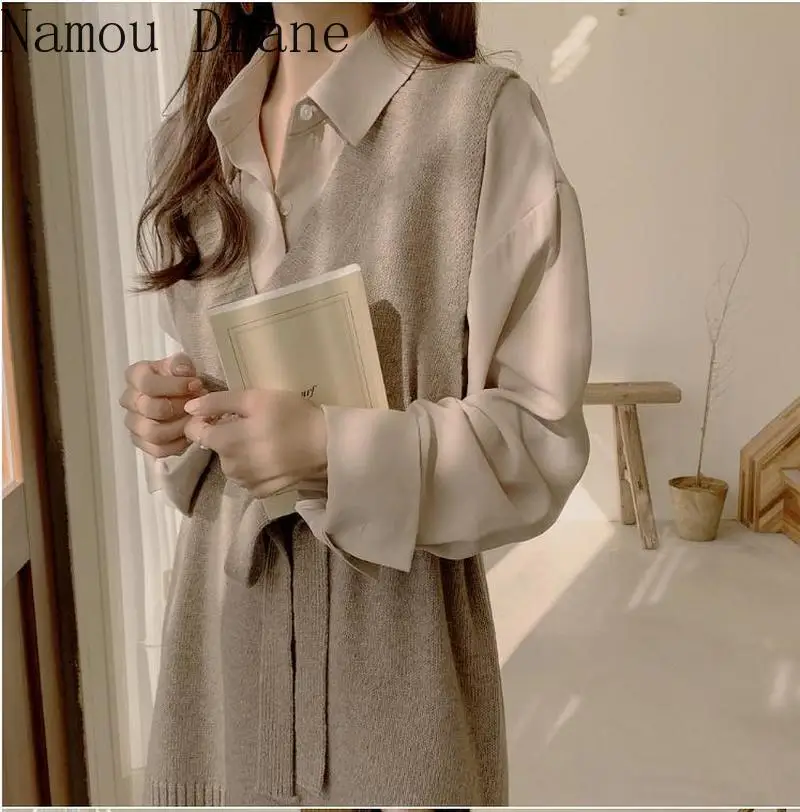 Платье-рубашка в Корейском стиле + жилет с V-образным вырезом кружевной Женский