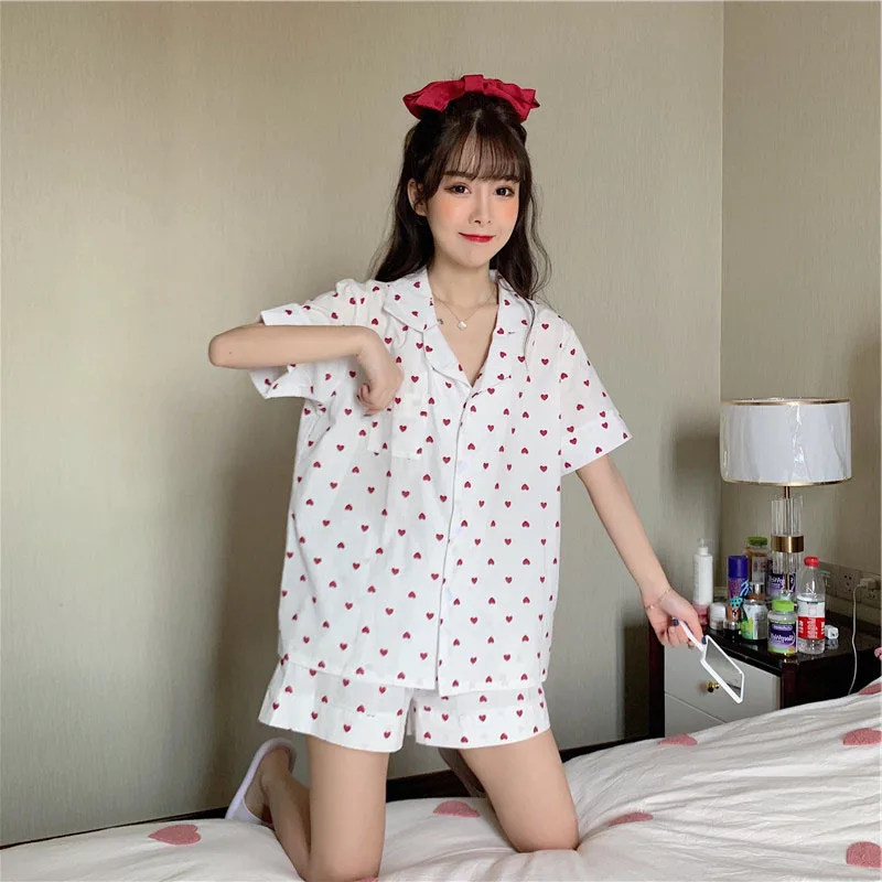 Love Printed Pajamas Women's 2021 Summer New Short Cotton Nightgown Lovely Home Clothes Female Sleepwear Sleeping Wear Nightwear
