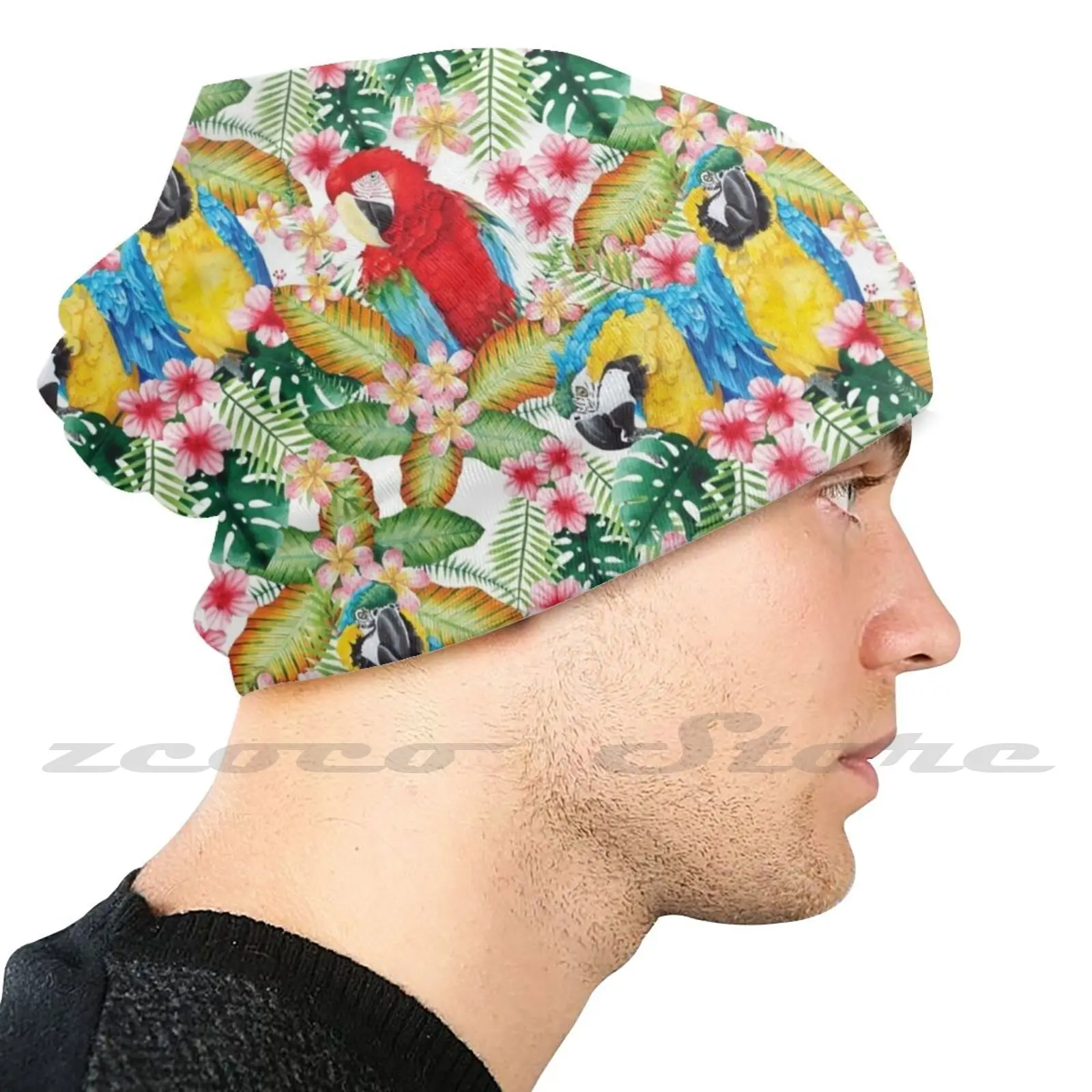 Вязаная шапка с узором в виде попугаев ара мягкая эластичная для отдыха на