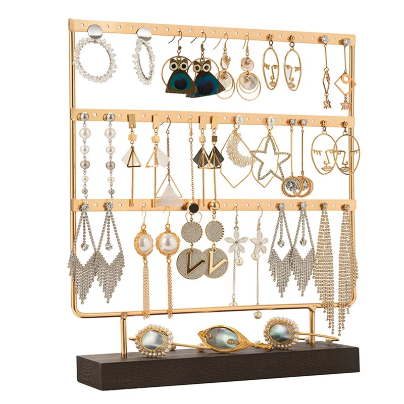 

3-Tier Stud Earring Organizer Earring Stand, 72 Holes Wooden Base Jewelry Organizer for Hanging Earrings