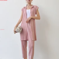 miyake pleated womens fashion small jacket single breasted large size slim and straight pantsuit two piece set trousers set